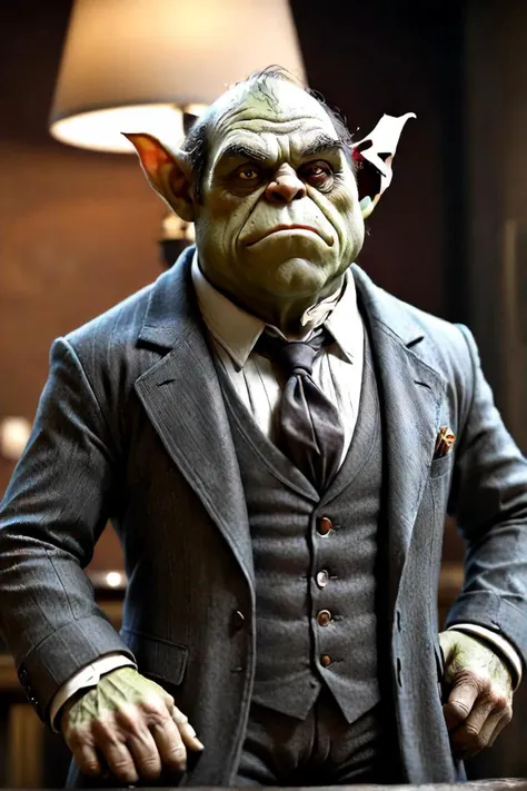 tiny delightful adult "ogre in a business suit", jean baptiste monge, soft cinematic lighting, 8k, intricate details, portrait, high detailed 3d render style character, old fashioned movie style