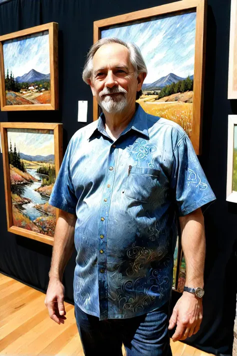 a man standing next to several paintings on display, in the style of outdoor art, arts & crafts, mark lague, stan berenstain, high quality photo, debbie criswell, batik