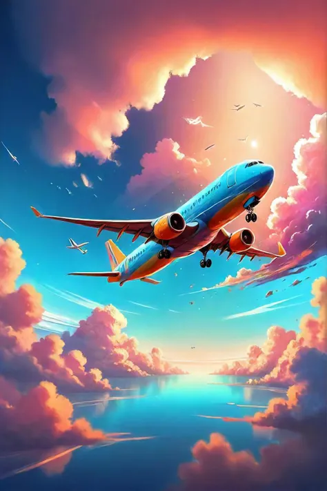 there is a plane flying in the sky with clouds in the background, in style of cyril rolando, by cyril rolando, makoto shinkai cyril rolando, 4 k hd wallpaper illustration, inspired by cyril rolando, cyril rolando and goro fujita, colorful sky, colorful skies, 4 k hd illustrative wallpaper, a beautiful artwork illustration