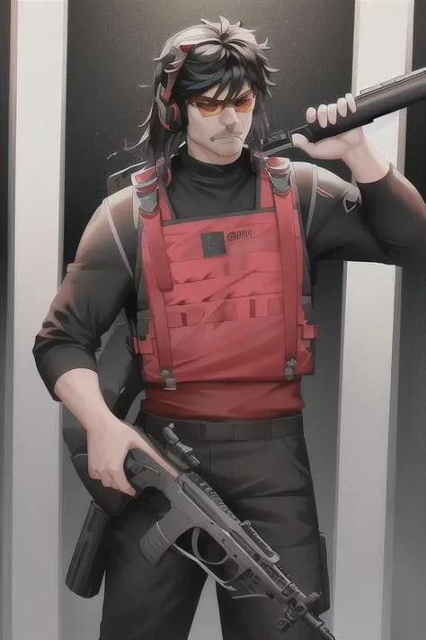 8k portrait of of drdis, black hair, headset, black shirt, black pants, vest, sunglasses, male, smug, angry, outdoors, holding rifle, holding weapon, trigger finger, facing viewer, front view, masterpiece, trending on artstation, <lora:drdisrespectlorav1:1>