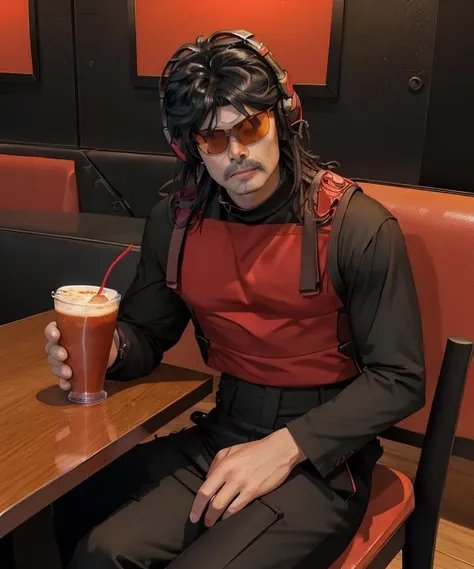 8k portrait of of drdis, black hair, headset, black shirt, black pants, red vest, sunglasses, male, smug, angry, indoors, cafe, sitting, detailed background, night time, facing viewer, front view, masterpiece, trending on artstation, <lora:drdisrespectlorav1:1>