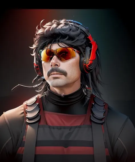 8k headshot portrait of of drdis, black hair, headset, black shirt, black pants, sunglasses, male, smug, angry, headphones, facing viewer, front view, masterpiece, trending on artstation, <lora:drdisrespectlorav1:1>