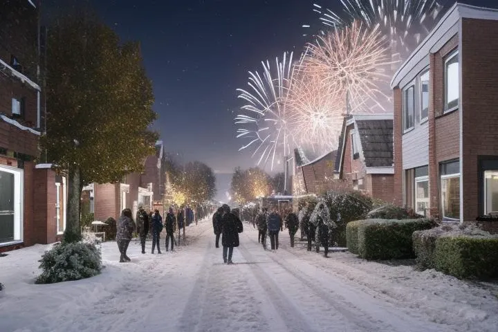 at night, row of houses in the distance, night time, winter snow, shrubberies, ground and air fireworks, (crowds of people), <lora:GriendenStyleMerged_04:0.8>