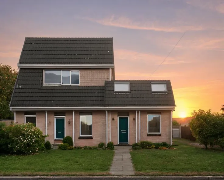 sunset over a house <lora:GriendenStyleMerged_04:0.7>