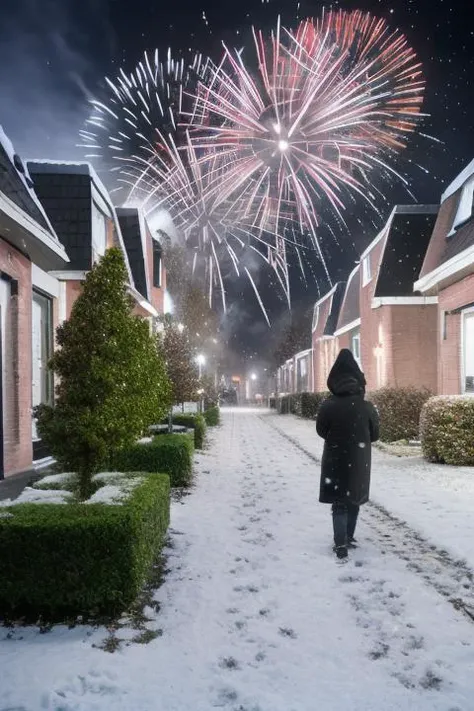 at night, row of houses in the distance, night time, winter snow, shrubberies, ground and air fireworks, ((a person lets of a firework)), <lora:GriendenStyleMerged_04:0.8>