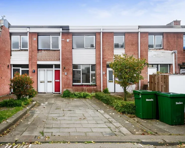 row of white multi levelled houses with red doors and rubbish bins, <lora:GriendenStyleMerged_04:0.7>