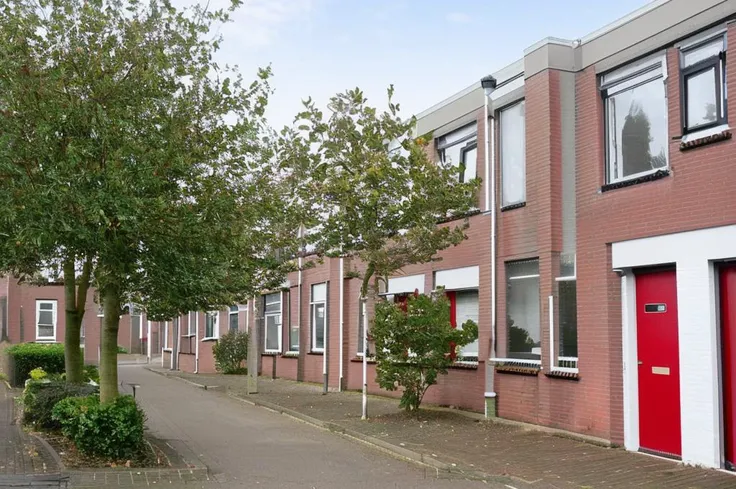 random colour windows and doors, lampshade, a carpark cul de sac with square white brick houses with red doors and trees <lora:Grienden_Style_2-000008:1>