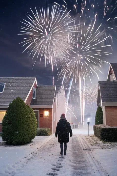 at night, row of houses in the distance, night time, winter snow, shrubberies, ground and air fireworks, ((a person lets of a firework)), <lora:GriendenStyleMerged_04:0.8>