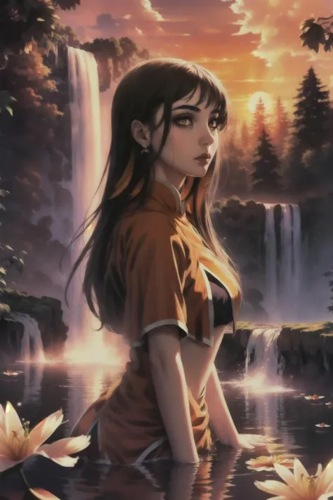 monerochan, 1girl, <lora:monerochan:1>, (orange eyes:1.1),
(absurdres, masterpiece, best quality, wallpaper, 8k), 1girl, from side,(waterfalls cascading around the girl), bathing, sunset in background warming the image peacefully, from side, looking up, long dark hair, beautiful, lily pad,
thin face,
(french woman:0.3)