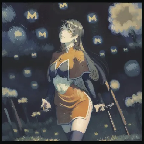(a painting of monerochan:1.3), <lora:monerochan_v1:1>, 1girl, cute norwegian girl, nordic girl, orange skirt, colored inner hair, dark crop top, sleeves, (orange long hair:1.2), thighhighs, round stud earrings, masterpiece, best quality, to8contrast style, <lora:theovercomer8sContrastFix_sd15:1>,
(orange eyes), (glowing eyes), long skirt, long orange capelet, flowing clothes, smiling, ballroom gown,
(by Vincent Van Gogh:1.3),