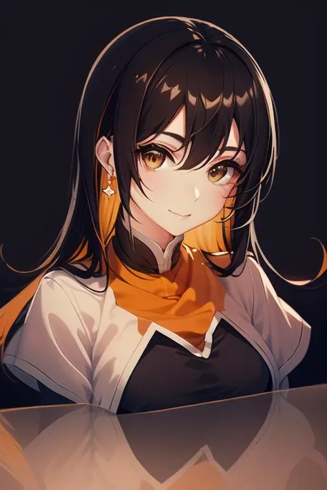 ((masterpiece, best quality)), vivid color, (1woman, mature), long hair, orange brown hair, beautiful hair, orange brown eyes, letter m, orange capelet, dark crop top, round stud earrings, (monerochan, <lora:monerochan_v1:1>), beautiful eyes, slight smile, black background, close up,  <lora:gachaSplashLORA_gachaSplash31:0.5>