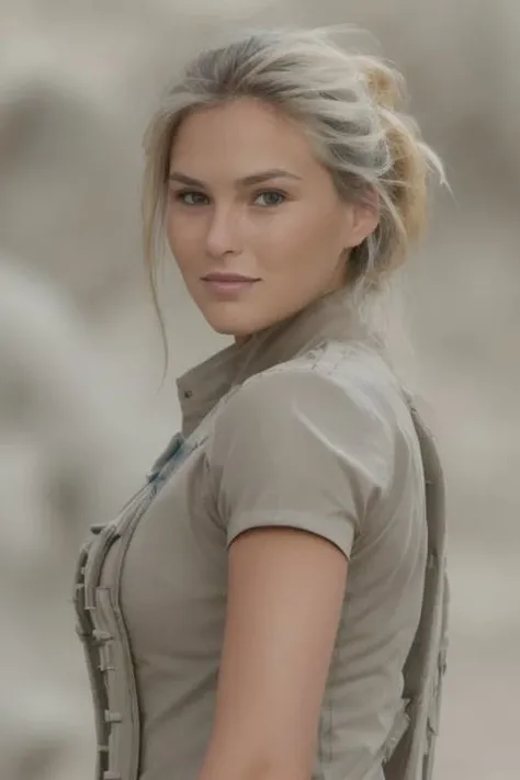 close up of a blonde woman in a bullet proof vest <lora:b4rr3f43ll1:1> in a war zone, highly detailed face, RAW, 8K, UHD, smiling:0.2
