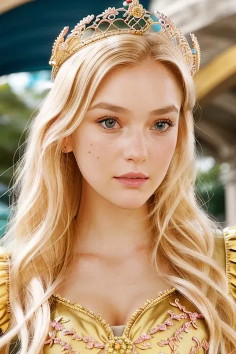 close up of a blonde woman <lora:b4rr3f43ll1:1.2> in a crown and baroque pink victorian dress, highly detailed, stunningly beautiful, smiling, natural skin, highly detailed face, 8K, HD, freckles, standing in an island paradise