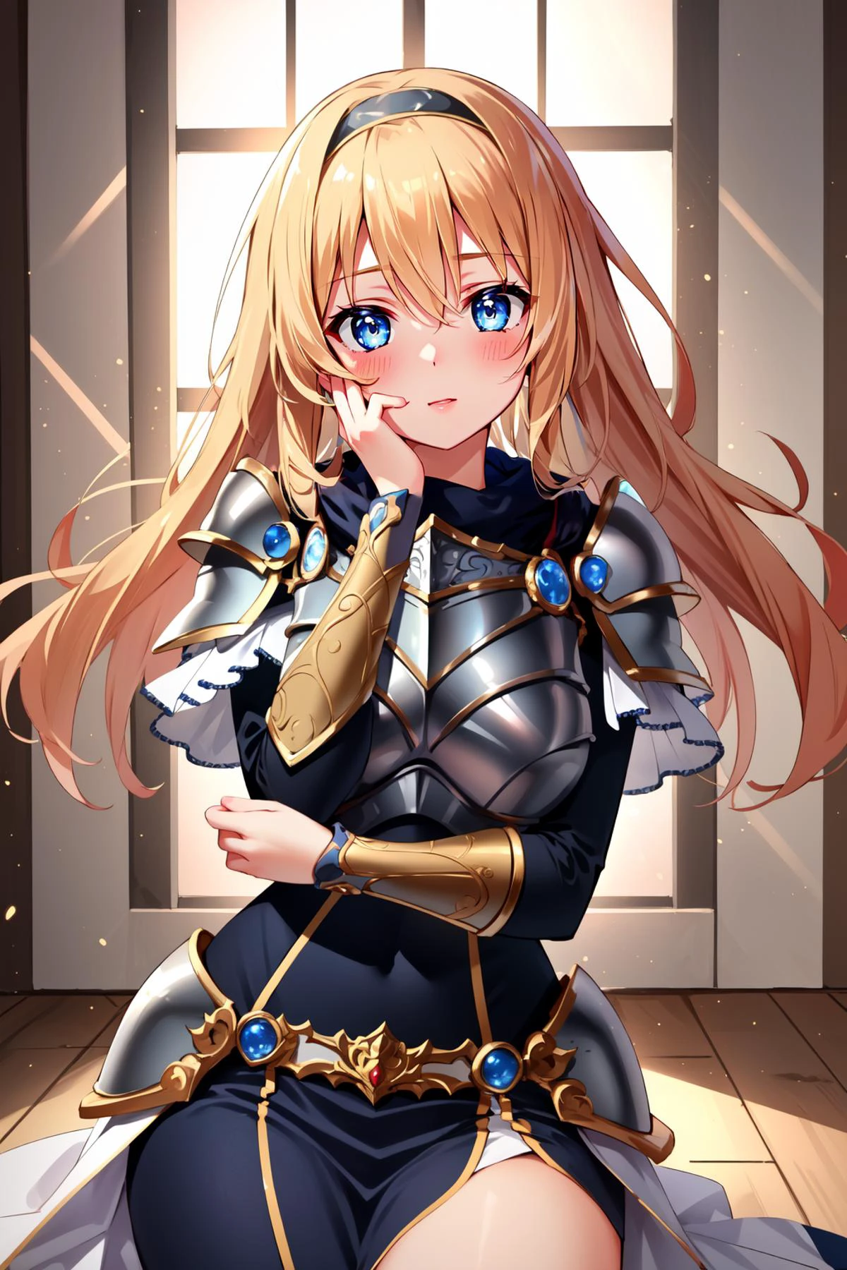 (masterpiece, best quality), intricate details,
1girl, <lora:lux:0.8> lux, blonde hair, blue eyes, breastplate,
hand on own face, blushing,