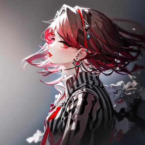 arknights_style, 1girl, solo
jewelry, earrings, striped shirt, striped, simple background, shirt, profile, from side, red lips, parted lips, looking at viewer
High-contrast shot
<lora:arknights_style:0.9>