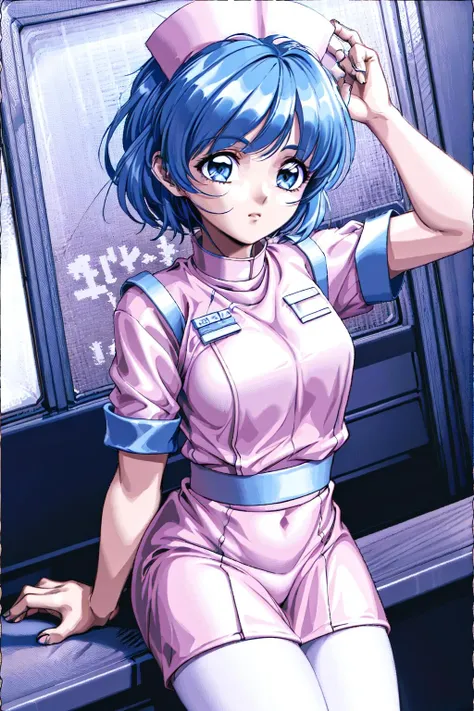 <lora:NonomuraHospitalStyle:0.8>nurse, blue hair, short hair, nurse cap, white pantyhose,, (best quality:1.3), 1girl,<lyco:GoodHands-beta2:1>,