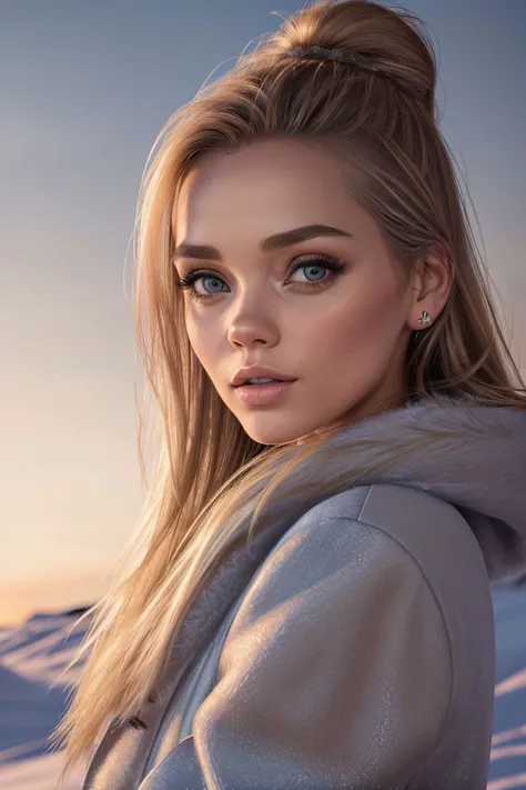 photo of S083_KatyaKotaro, a gorgeous woman, on the (north pole), wearing a (winter-coat), (SFW:1.3), sunset, (8k, RAW photo, best quality, DOF, ultra high res:1.2), (absurdres, intricate, photorealistic, masterpiece, ultra-detailed, Unreal Engine:1.3)