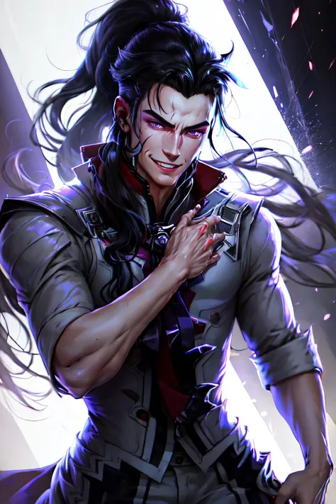 hands, detailed face, detailed eyes, young man, bishounen, high ponytail, smile, fighting, cinematic lighting, 1boy, best quality, reflective skin, reflective hair, masterpiece, highres, best quality, <lora:ArbiterVer1:1>
