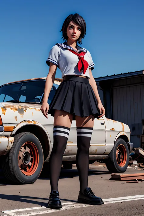 Tsuki_Human, wearing a grey school uniform, red seifuku, black skirt, black thighhighs, black shoes, looking at viewer, serious,
standing, outside, junkyard, blue sky, extremely detailed, hdr, masterpiece, beautiful quality,
<lora:more_details:.5> <lora:TsukiFortVer1:.6>
