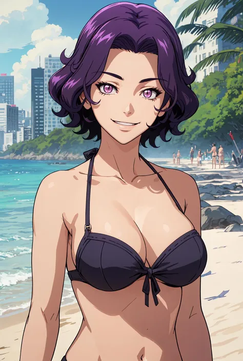 (best quality), (masterpiece), azusa_hamaoka, short hair, purple hair, purple eyes, large breasts, bikini, city, beach, looking at viewer, smiling, upper body, <lora:azusa_hamaoka:0.7>