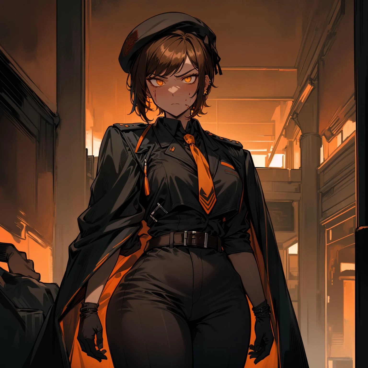 <lora:Outis-03:1>, 1girl, solo, tall, (orange long cloak:0.8|black long cloak:1.4, closed orange coat:1|closed black coat:1.5,orange pants:1|black pants:1.5, orange Military beret:1|black military beret:1.5), (orange edging on clothes, gloves, red sky, standing, weapon, battlefield, blood, disformed corpses, dark and red theme, thinking, golden ear clips, {{angry, serious, stern}}:1.3), (perfect hands, brown short hair, ((yellow eyes)))+, (white collared shirt), (outis, perfect anatomy, mature woman:1.1), jewelry, bangs, beautiful detailed eyes,(military facility, orange necktie:1.3), medium breasts, exquisite details, hyper detailed,best quality,Masterpiece++, (thick body, muscular, old)+, indoors, beautiful detailed face, intricate details, anime screencap, shiny eyes, eye reflection, perfect eyes, shiny hair, (hard light, shaded eyes), digital bending, exquisite detailed, masterpiece, (wit studio, studio quality), ultra detailed, (anime style:1.2), face focus, beautiful eyes, beautiful face, best quality, cute & girly, detailed eyes, vivid colors, hyper detailed, cinematic light, <lora:MatureFemaleLoCon:0.8>