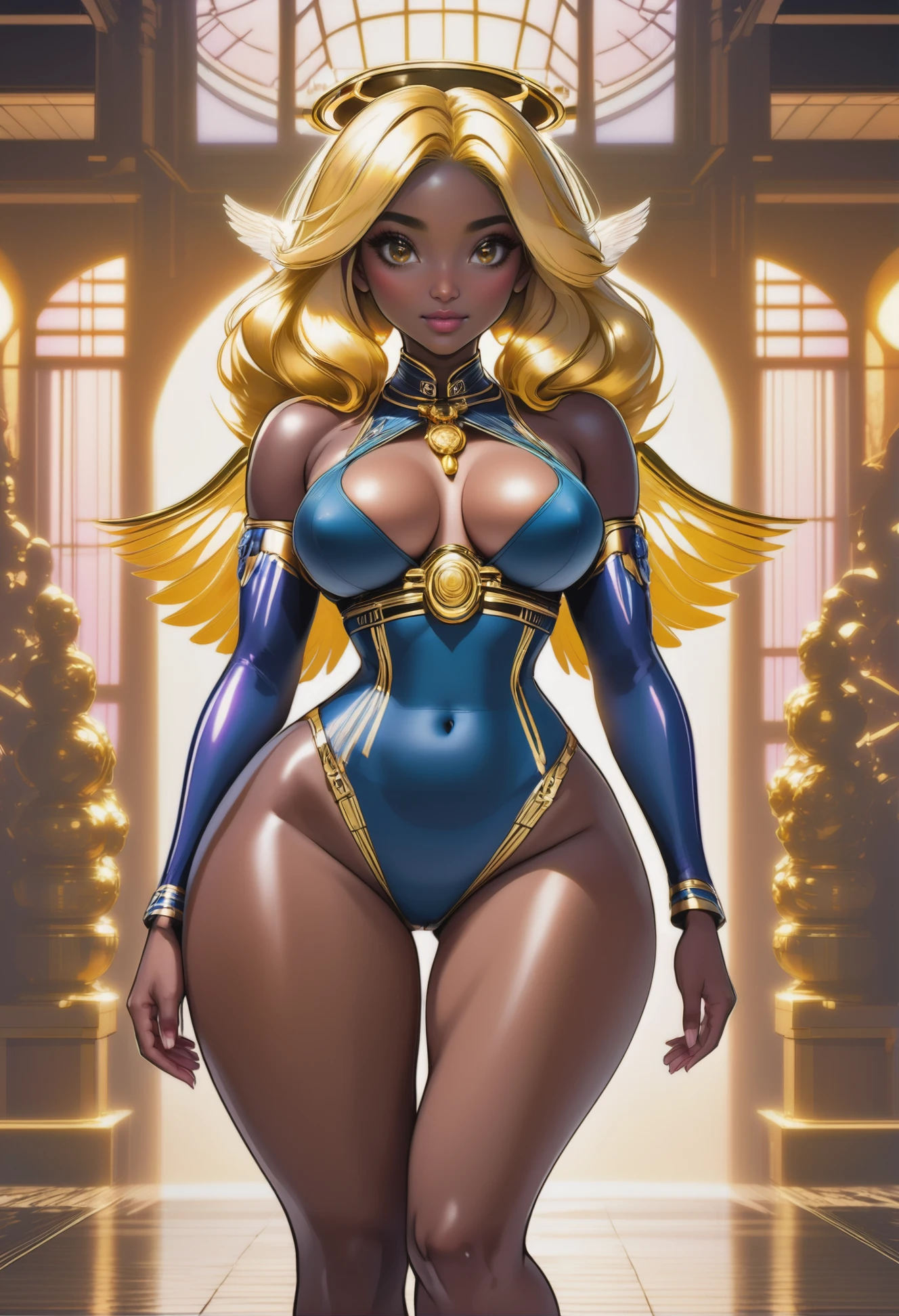 1girl, woman, (dimensional Yami Kawaii:1.3) cute angel, lingerie, [:revealing costume design,:0.2], bombshell hair, gold hair, Tousled Hair, thicc body, wide hips, narrow waist, large breasts, (african, dark skin:0.6), (golden hour,  architecture,  Jamcore bridge:1)<lora:EnvyFantasyXL01:1>
