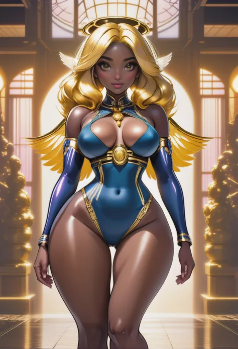 1girl, woman, (dimensional Yami Kawaii:1.3) cute angel, lingerie, [:revealing costume design,:0.2], bombshell hair, gold hair, Tousled Hair, thicc body, wide hips, narrow waist, large breasts, (african, dark skin:0.6), (golden hour,  architecture,  Jamcore bridge:1)<lora:EnvyFantasyXL01:1>