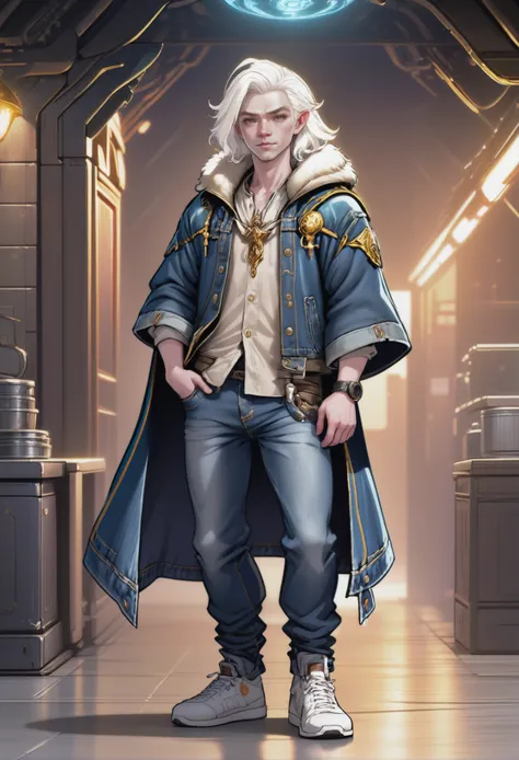 rough digital painting, (full body:1.2), 1boy, man, grizzled, solo, [:outlandish costume design,:0.2] wizard, denim jacket, albino, dark beige hair, (athletic:1.1) build, old, simple background, rpg character concept art<lora:EnvyFantasyXL01:1>