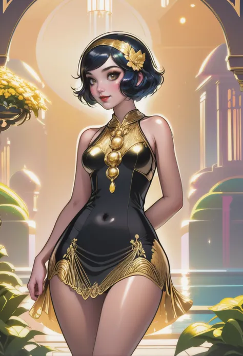 1girl, woman, (aesthetically pleasing Roaring 20s:1.3) cute catgirl, full body, lingerie, [:seductive costume design,:0.2], bombshell hair, black hair, short hair,Finger Waves, thicc hourglass figure, small breasts, caucasian, (golden hour,  scenery, "at the Radiant Mysterious Sanctum":1.3)<lora:EnvyFantasyXL01:1>