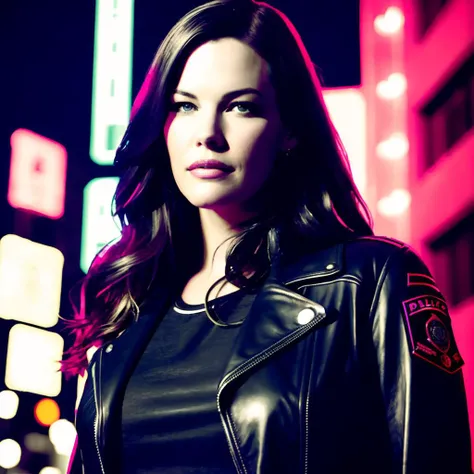 Portrait of Mary liv tyler, beautiful face, in cyberpunk city at night. She is wearing a leather jacket, black jeans, dramatic lighting, (police badge:1.2),