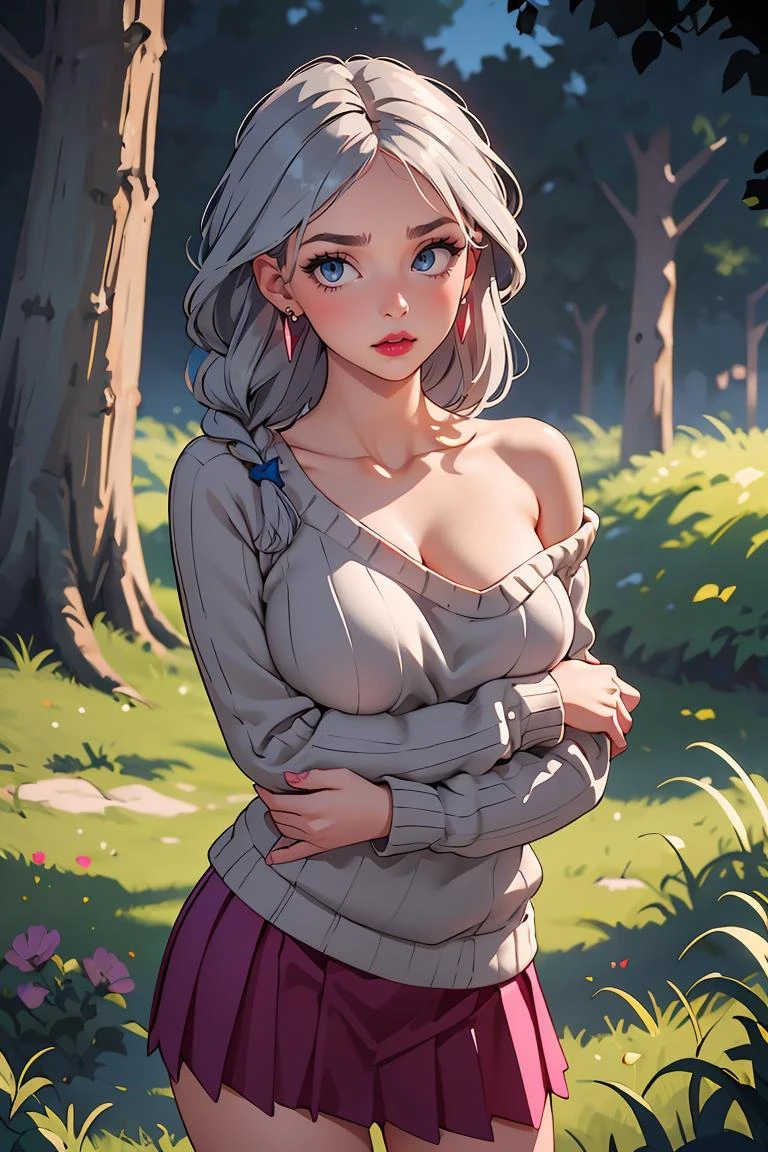 (masterpiece, best quality),1girl, Craft a breathtaking, highly detailed illustration, ( wearing Wrap sweater pleated skirt ), Baroness, Short, Toned, Triangular Face, Dark Skin, Gray Hair, grey-blue Eyes, Long Nose, Pouty Lips, Sharp Chin, Shoulder-Length Hair, Coarse Hair, Viking Braid, soft breasts, Huggie earrings, pink matte lipstick, Land Art, Enchanting, Shatter<lora:Ayasach:1>