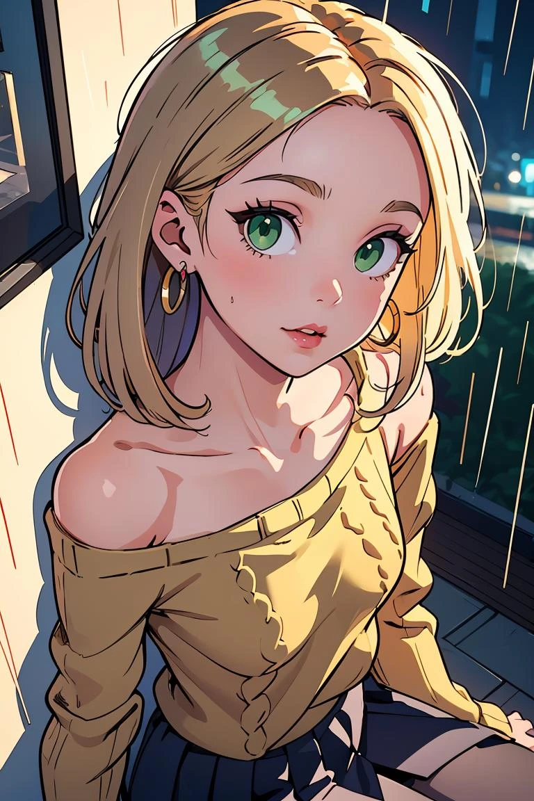 (masterpiece, best quality),1girl, Make a breathtaking, highly detailed illustration, ( wearing Wrap sweater pleated skirt ), Maven, Tall, Skinny, Oval Face, Olive Skin, Golden Blonde Hair, Green Eyes, Wide Nose, Thin Lips, Receding Chin, Shoulder-Length Hair, Fine Hair, Frohawk, small breasts, Faux gauge earrings, brown velvet lipstick, Woodcut, romantic, Science Fiction, Rain<lora:Ayasach:1>