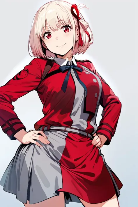 (art by hews:0.8), cowboy shot, solo, 1girl, nishikigi chisato, smile, looking at viewer, hands on hips, bob cut, hair ribbon, lycoris uniform, two-tone dress, red dress, grey dress, neck ribbon, long sleeves <lora:lycorisrecoil_nishikigi_xl-000004:1>