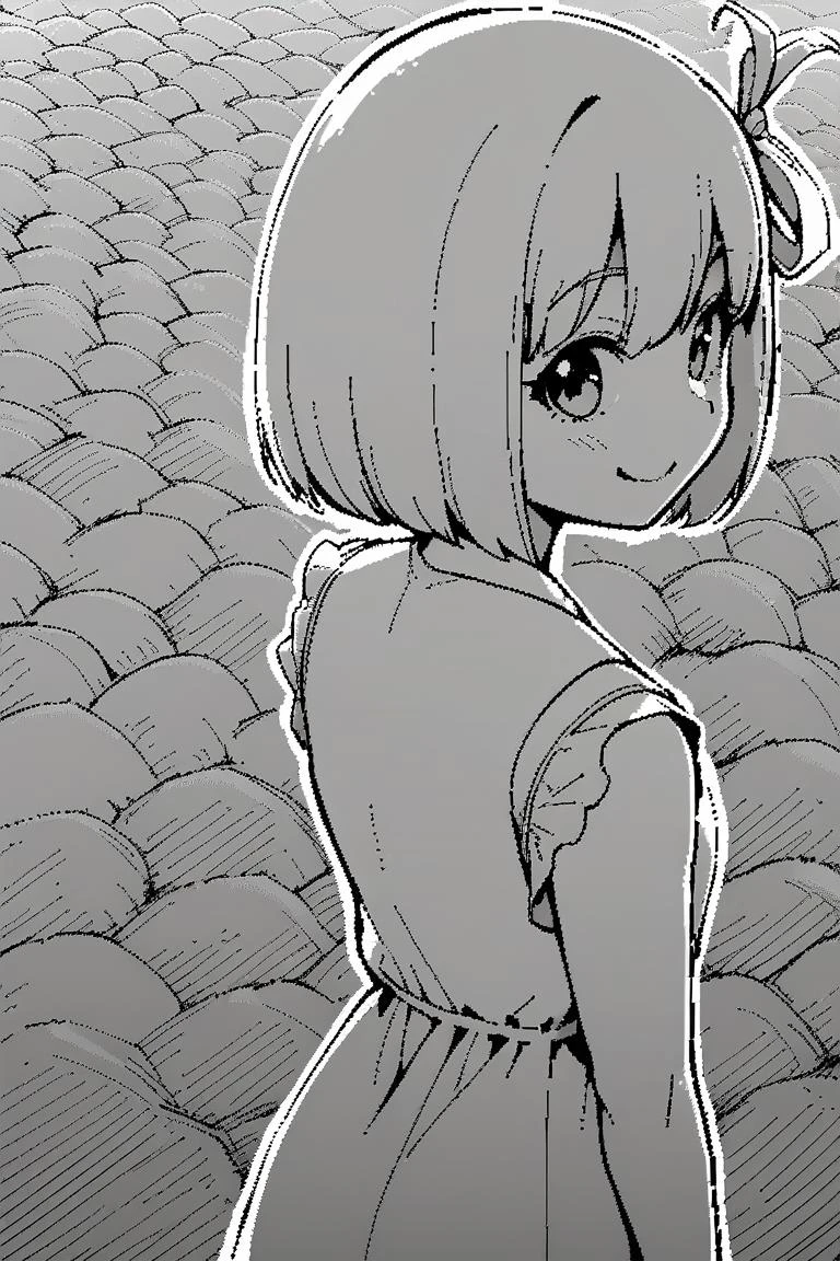 monochrome, from behind, solo, 1girl, nishikigi chisato, smile, looking back, bob cut, hair ribbon, yellow sundress, flower field, hatching \(texture\), jaggy lines, linear hatching <lora:lycorisrecoil_nishikigi_xl-000004:1>