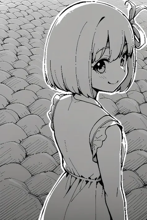 monochrome, from behind, solo, 1girl, nishikigi chisato, smile, looking back, bob cut, hair ribbon, yellow sundress, flower field, hatching \(texture\), jaggy lines, linear hatching <lora:lycorisrecoil_nishikigi_xl-000004:1>