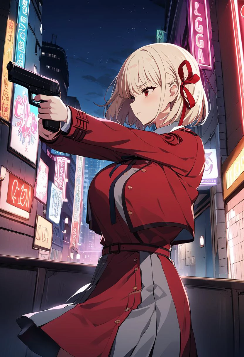 masterpiece, best quality, 1girl, game cg <lora:lycorisrecoil_nishikigi_xl-000004:1> nishikigi chisato, bob cut, hair ribbon, lycoris uniform, two-tone dress, red dress, grey dress, neck ribbon, long sleeves, large breasts, holding handgun, aiming, from side, furrowed brow, cityscape, night sky, neon signs, chiaroscuro