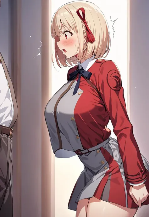 masterpiece, best quality, 1girl, game cg <lora:lycorisrecoil_nishikigi_xl-000004:1> nishikigi chisato, bob cut, hair ribbon, lycoris uniform, two-tone dress, red dress, grey dress, neck ribbon, long sleeves, huge breasts, cowboy shot, from side, surprised, blush, shocked