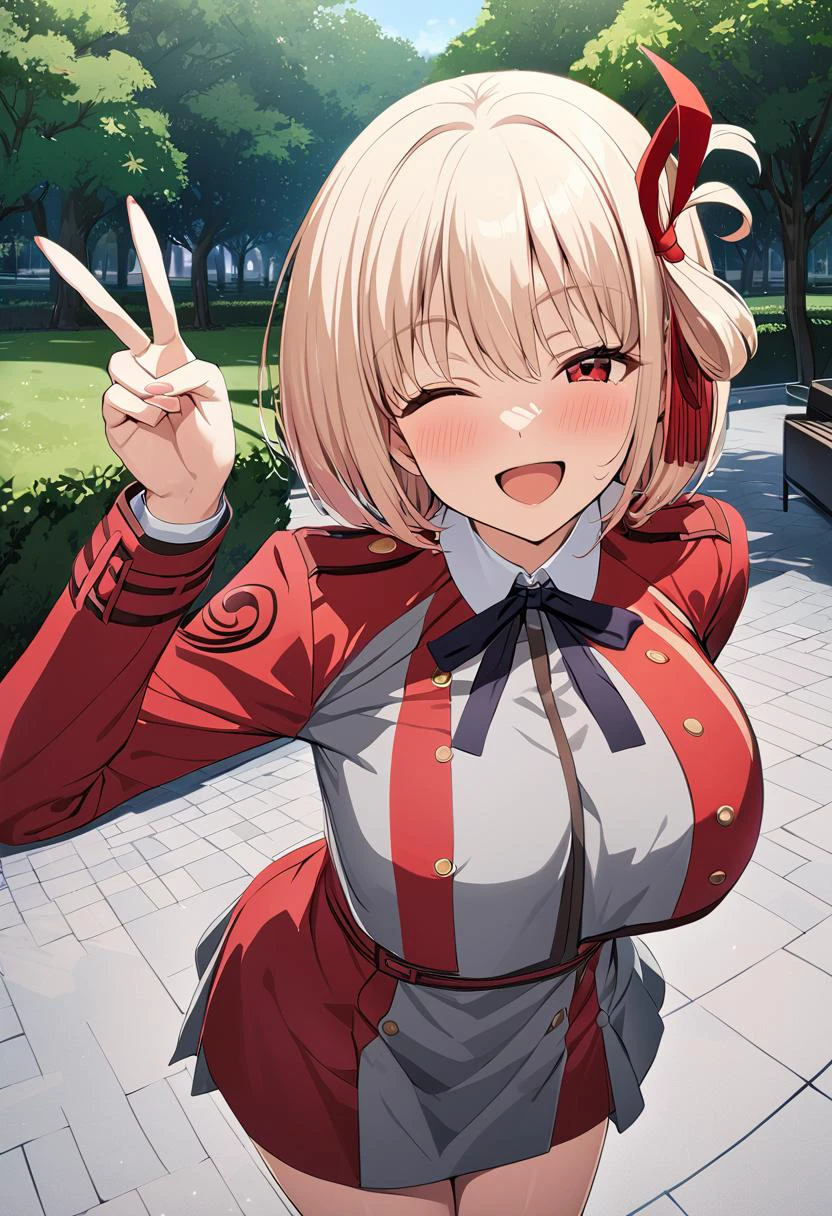 masterpiece, best quality, 1girl, game cg <lora:lycorisrecoil_nishikigi_xl-000004:1> nishikigi chisato, bob cut, hair ribbon, lycoris uniform, two-tone dress, red dress, grey dress, neck ribbon, long sleeves, large breasts, park, sky, cityscape, wink, standing, finger V, open mouth, happy, smile
