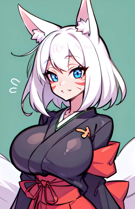 anime style, young lady, foxgirl, pretty face, detailed face, marks on the face,
fox ears, fox nose, triangular nose, fox tail:1.1, white fur,
white hair with blue details,
large breasts, white kimono:1.2, blue detailed kimono, long red skirt,
colorful, simple sliippers,
she is the guardian of a japanese temple,
best quality, ultra-detailed,
simple background,  <lora:th3p1t_b:0.8>