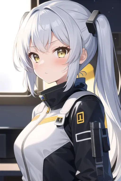 masterpiece, best quality, 1girl, (space), spacecraft, (spacesuit), upper body, from side, science fiction, yellow eyes, twintails, silver hair,