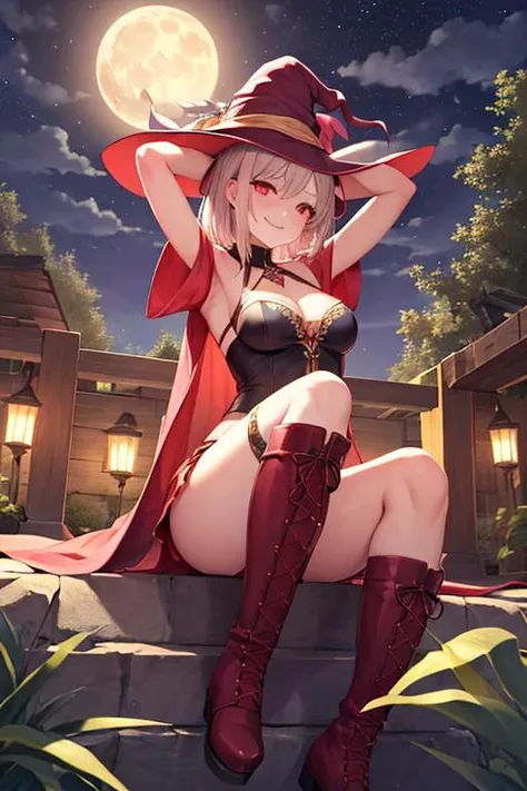 masterpiece, best quality, 1girl, solo, night sky, outdoors, moon, stars, clouds, wind, medium hair, boots, witch, smile, red eyes, arms up, cleavage, tree, night,