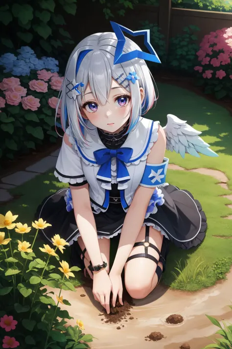 (masterpiece, best quality),  intricate details,
1girl,     <lora:kanata1-000005 (numeratic):0.8> kanatarnd,  kanatasixth, 
garden, crouching down, flowers, dirt, from above, sunlight,
