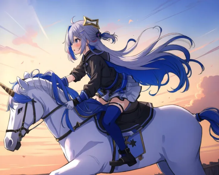 (masterpiece:1.2),best quality,illustration,
<lora:kanata1:1>, kanatathird, blush,  <lora:tanakataRoukamiV1:0.55> 
<lora:flat2:-0.15>
1girl, (unicorn:1.1), riding, running, outdoor setting, magical, wind blowing, shimmering horn, speed, flowing mane
