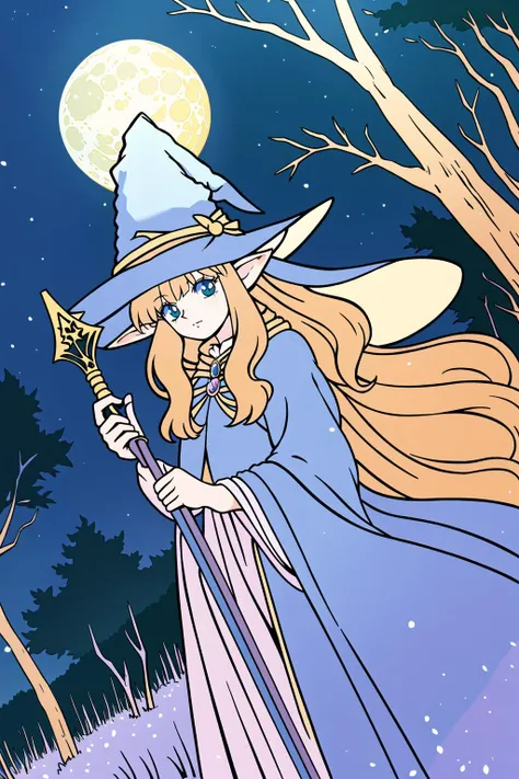 masterpiece, best quality, high quality, j_pastel_color, a witch girl in the forest, pointed ears, night, moon, holding magical wand, magic circle, particles, cowboy shot, ((dutch angle)), <lora:J_pastel_color:0.9>, <lora:1990sAnimeStyleLora_1:0.6>