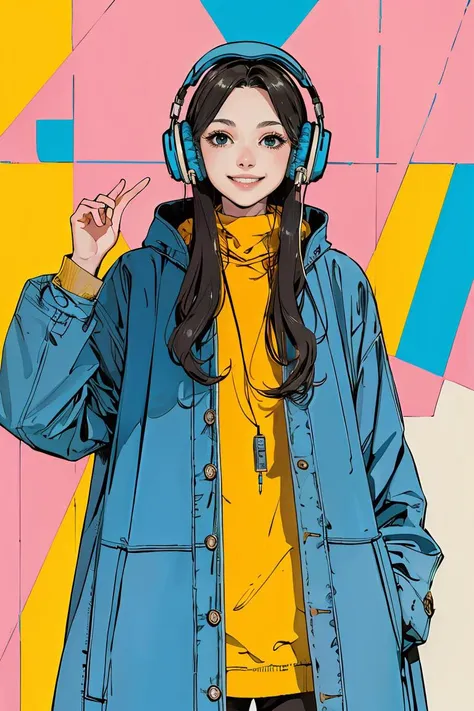 masterpiece, high quality, A girl, wearing a baggy blue coat and headphones,<lora:J_pastel_color:0.9> j_pastel_colorï¼kind smile,presenting,
