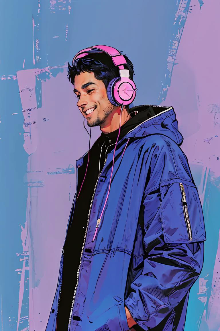 masterpiece, high quality, A man, Hip hop background,wearing a baggy blue coat and headphones,<lora:J_pastel_color:0.9> j_pastel_colorï¼kind smile,presenting,