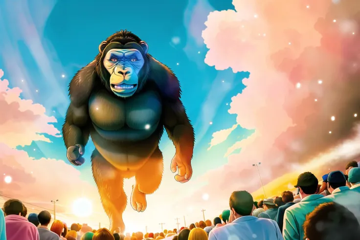 masterpiece, best quality, high quality, j_pastel_color, looking at viewer, a gorilla walking in a city alley, crowd, surrounded by people, sun, fog, particles, cowboy shot, ((from above, dutch angle)), outdoors, <lora:J_pastel_color:0.9>