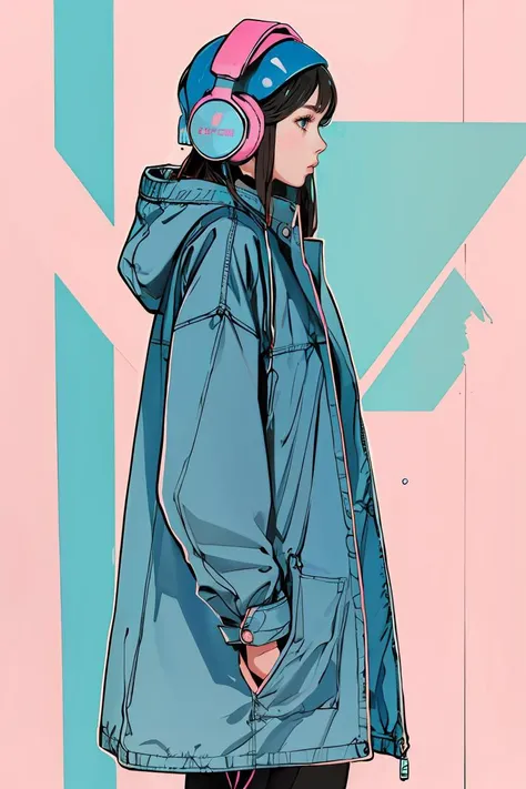 masterpiece, high quality, A girl, wearing a baggy blue coat and headphones,<lora:J_pastel_color:0.9> j_pastel_color