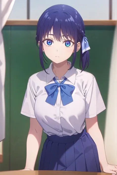 nagisaminase, <lora:nagisa minase s2-lora-nochekaiser:1>,
nagisa minase, bangs, blue eyes, blue hair, hair ribbon, side ponytail,
BREAK skirt, shirt, bow, school uniform, white shirt, short sleeves, pleated skirt, bowtie, blue skirt,
BREAK indoors, classroom,
BREAK looking at viewer, (cowboy shot:1.5),
BREAK <lyco:GoodHands-beta2:1>, (masterpiece:1.2), best quality, high resolution, unity 8k wallpaper, (illustration:0.8), (beautiful detailed eyes:1.6), extremely detailed face, perfect lighting, extremely detailed CG, (perfect hands, perfect anatomy),