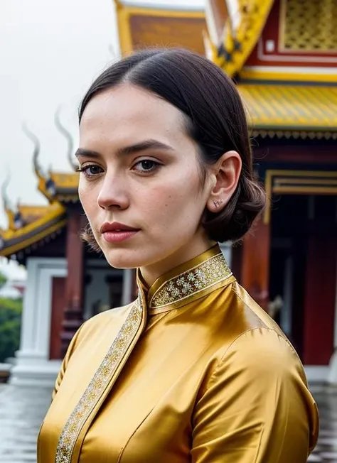 portrait of sks woman in Bangkok, at the Wat Arun temple, by Flora Borsi, style by Flora Borsi, bold, bright colours, ((Flora Borsi)), by Tim Walker, <lora:lora-small-daisy-ridley-v1:1>